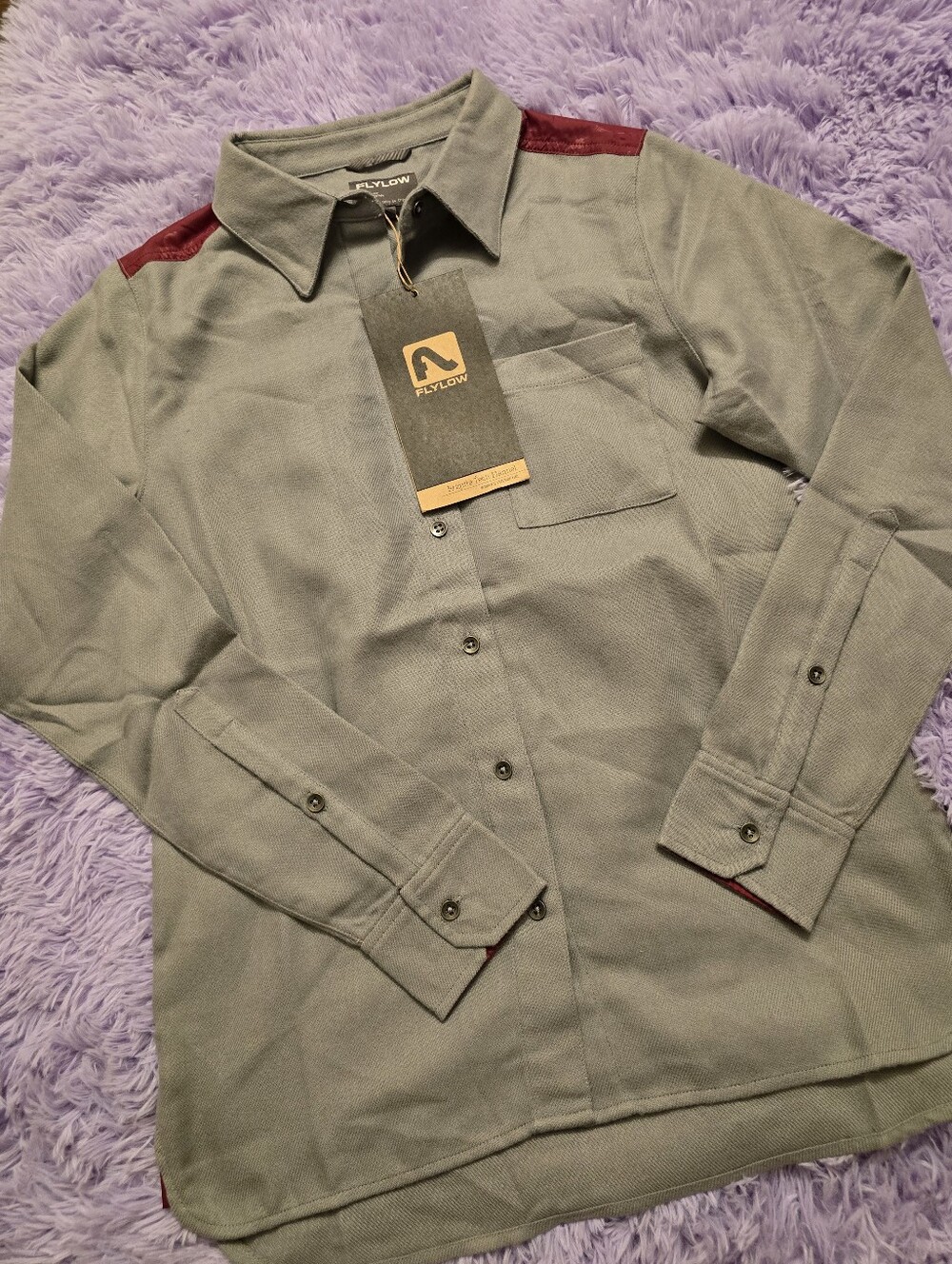 Women’s Light Gray Button-Down Shirt with Burgundy Shoulder Panels